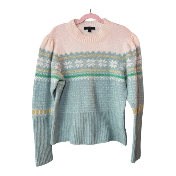 J. CREW Fair Isle Puff Sleeve Crew Neck Merino Wool Blend Sweater M - Picture 5 of 10